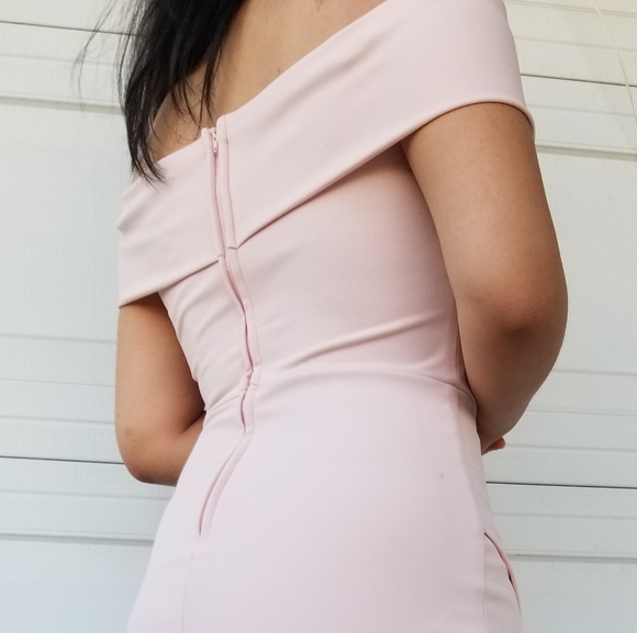 Primier Amour Pink Bodycon Off-shoulder Sleeves Dress w/slit - Picture 3 of 8